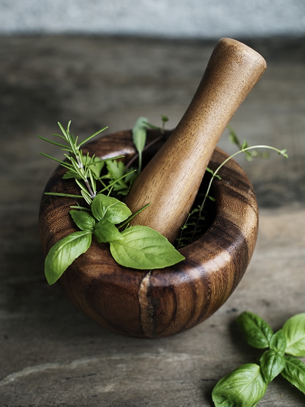 Mortar and Pestle with Herbs